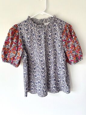 THML Blue White Floral Blouse Short Puff Sleeves Pink Orange Embroidery Preppy